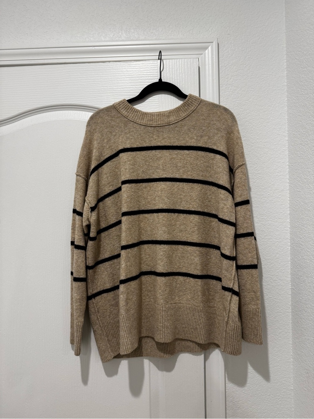 Aerie Beige Crewneck Sweater with Black Stripes